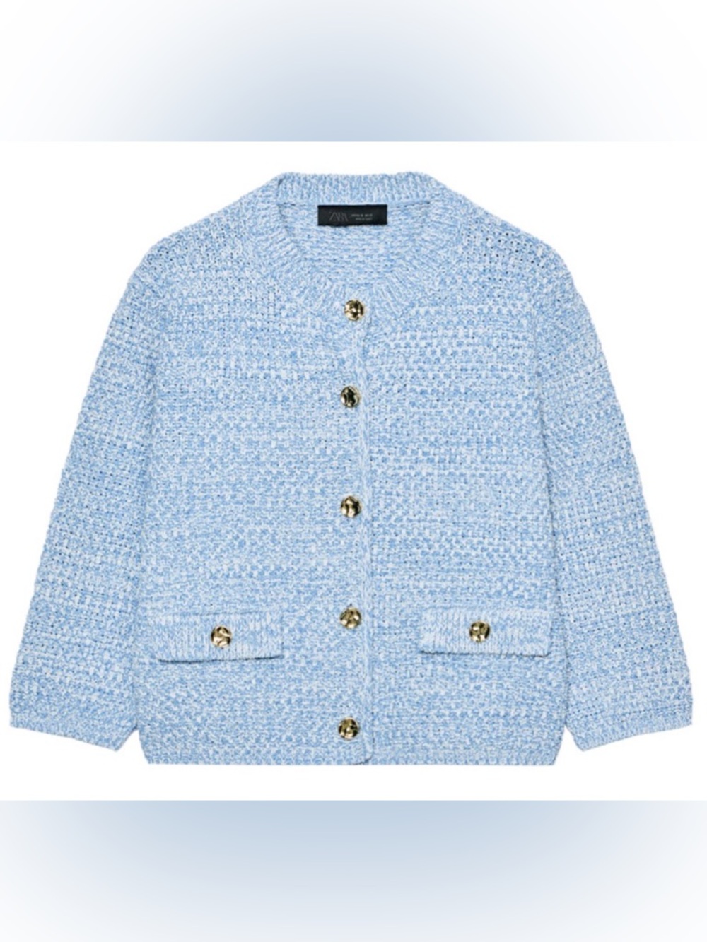 Zara Pale Blue Textured Knit Cardigan with Gold Buttons
